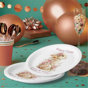 Frohe Ostern Frühlingsrosane und gelbe Blumen Hase Pappteller