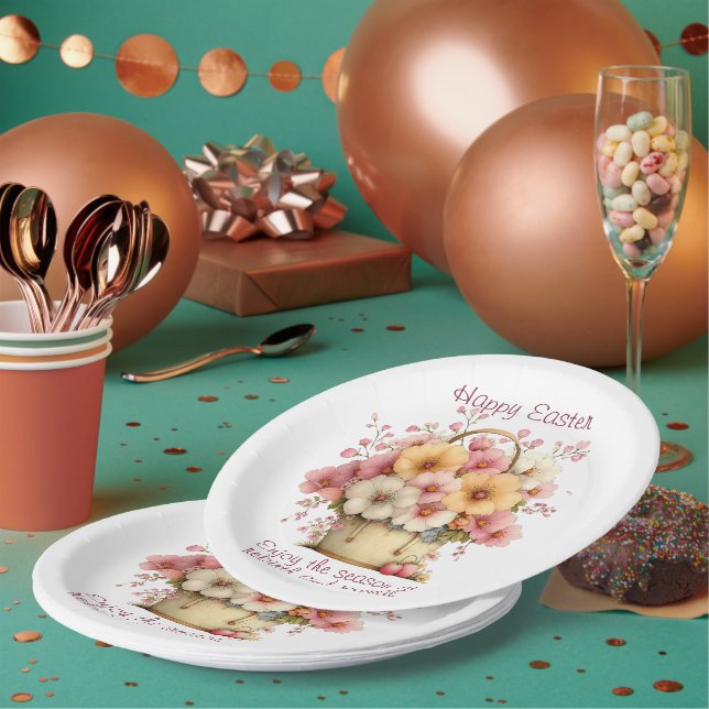 Frohe Ostern Frühlingsrosane und gelbe Blumen Pappteller (Multi)