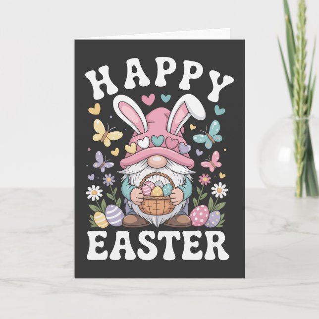 Frohe Ostern Gnom Mit Hasenohren Bunte Eier  Karte (Vorderseite)