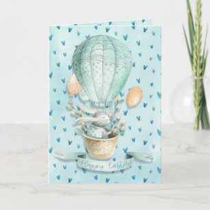 Frohe Ostern! Hase im Heißluftballon Aquarell Karte