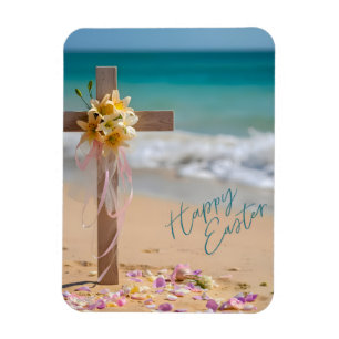 Frohe Ostern Holzkreuz und Lilien am Strand Magnet