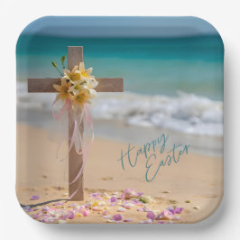 Frohe Ostern Holzkreuz und Lilien am Strand Pappteller