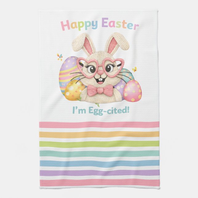 Frohe Ostern Ich bin Ei-gespannt Hase  Geschirrtuch (Vertikal)