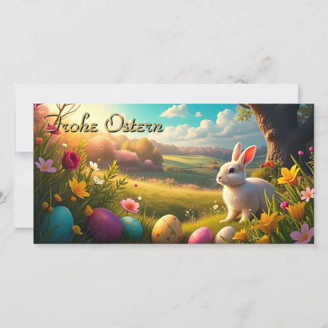 Frohe Ostern in einer Frühlingslandschaft (Vorderseite)