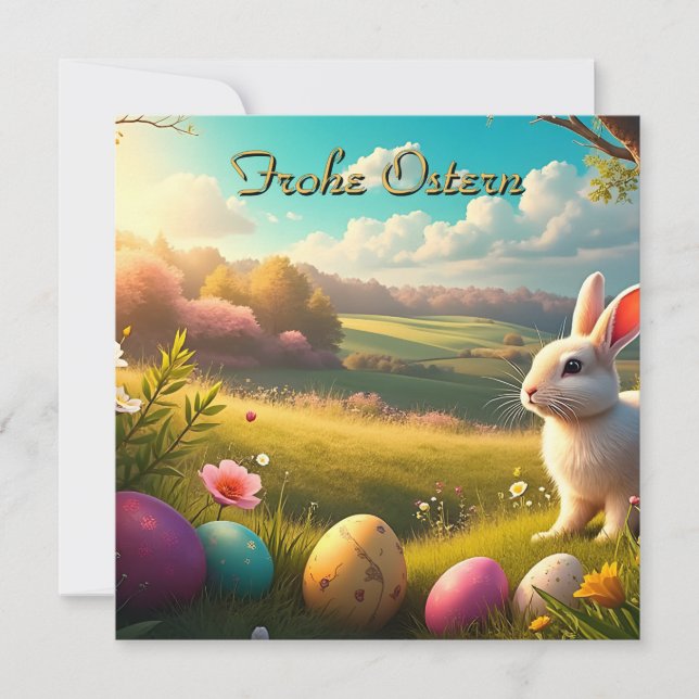Frohe Ostern in einer Frühlingslandschaft (Vorderseite)