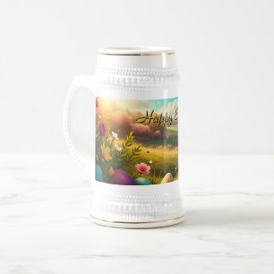 Frohe Ostern in einer Frühlingslandschaft Bierglas