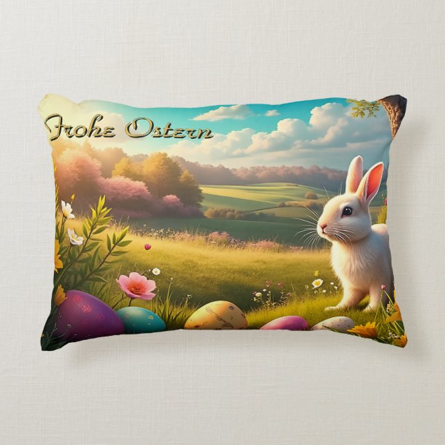 Frohe Ostern in einer Frühlingslandschaft Dekokissen (Vorderseite)