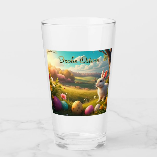 Frohe Ostern in einer Frühlingslandschaft Glas (Vorderseite)