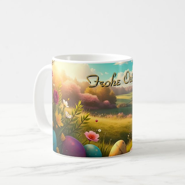 Frohe Ostern in einer Frühlingslandschaft Kaffeetasse (Vorderseite Links)