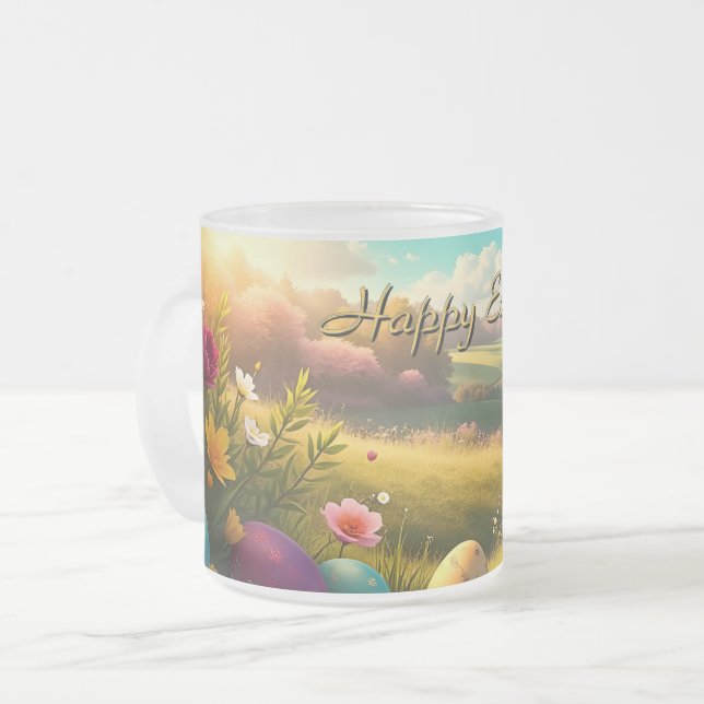 Frohe Ostern in einer Frühlingslandschaft Mattglastasse (Vorderseite Links)