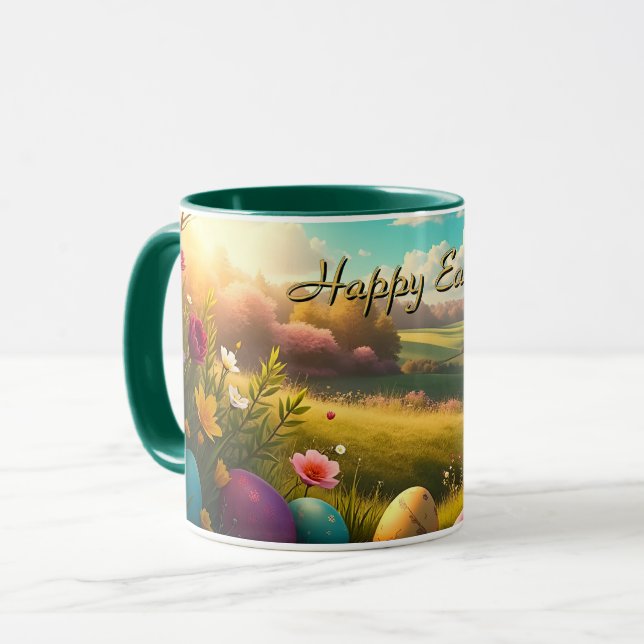 Frohe Ostern in einer Frühlingslandschaft Tasse (Vorderseite Links)