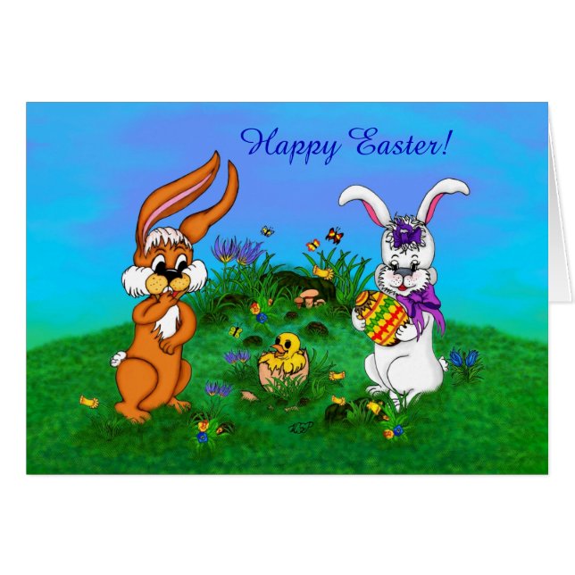Frohe Ostern! Kaninchen mit Bunny und Chick (Vorderseite (Horizontal))