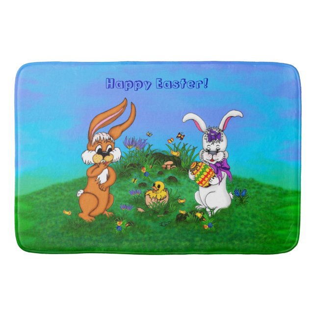 Frohe Ostern! Kaninchen mit Bunny und Chick Badematte (Vorderseite)