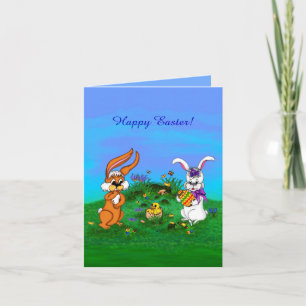 Frohe Ostern! Kaninchen mit Bunny und Chick Feiertagskarte