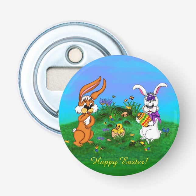 Frohe Ostern! Kaninchen mit Bunny und Chick Flaschenöffner (Vorderseite)