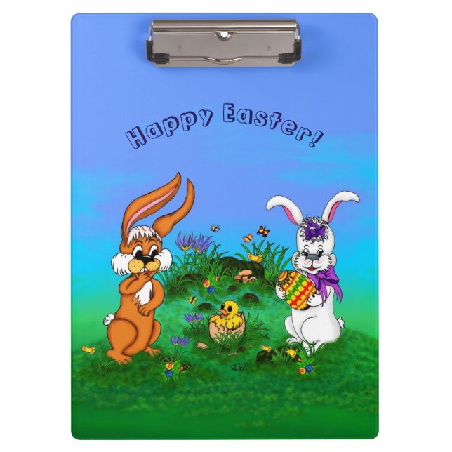 Frohe Ostern! Kaninchen mit Bunny und Chick Klemmbrett (Vorderseite)