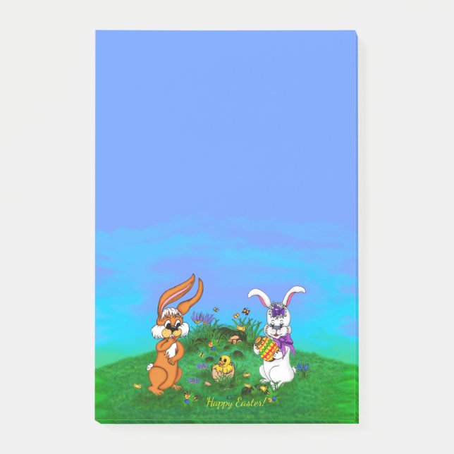Frohe Ostern! Kaninchen mit Bunny und Chick Post-it Klebezettel (Vorderseite)