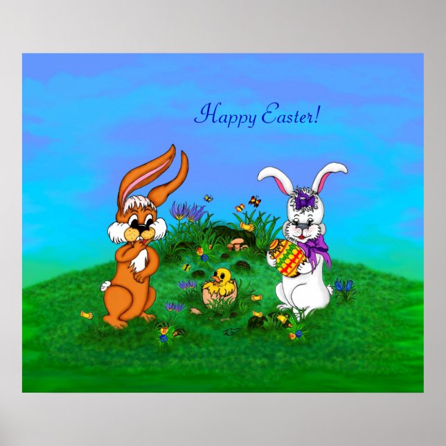 Frohe Ostern! Kaninchen mit Bunny und Chick Poster (Vorne)