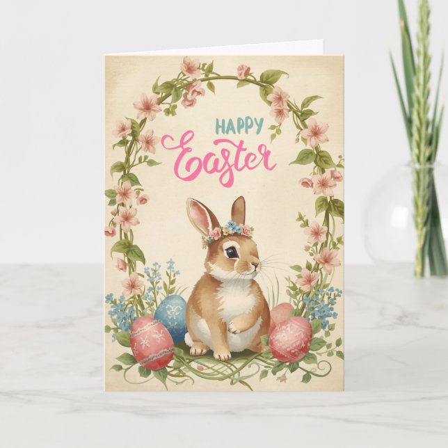 Frohe Ostern Karte - Hasen Blumenkranz (Vorderseite)