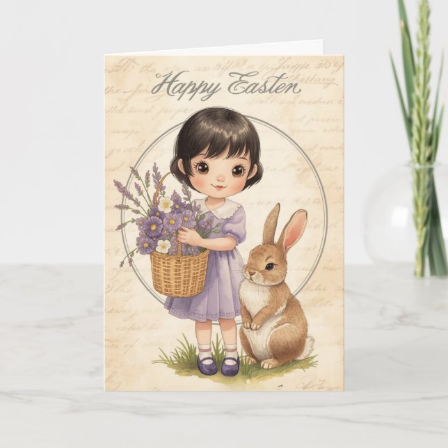 Frohe Ostern Karte - Mädchen-Hase mit Lavendel (Vorderseite)