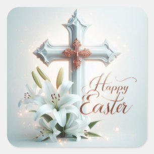Frohe Ostern, Kreuz und Lilien Quadratischer Aufkleber