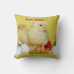 frohe ostern küken in gelb mit blumen und schrift kissen
