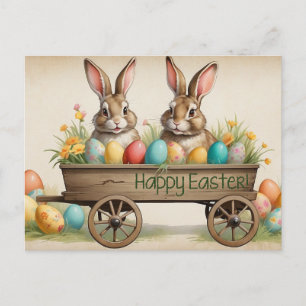 Frohe Ostern Landhasen auf dem Wagen  Feiertagspostkarte