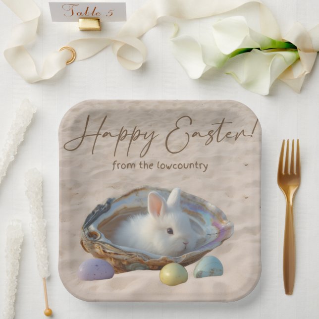 Frohe Ostern Lowcountry Austernschale und Hase Pappteller (Hochzeit)
