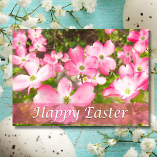 Frohe Ostern mit blühendem rosa Dogwood-Baum Feiertagskarte