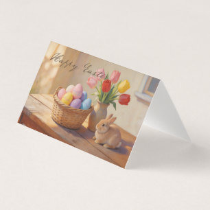 Frohe Ostern mit bunten Eiern und Tulpen