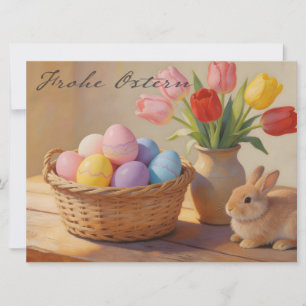 Frohe Ostern mit bunten Eiern und Tulpen