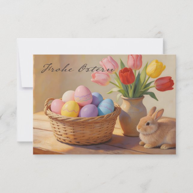 Frohe Ostern mit bunten Eiern und Tulpen (Vorderseite)