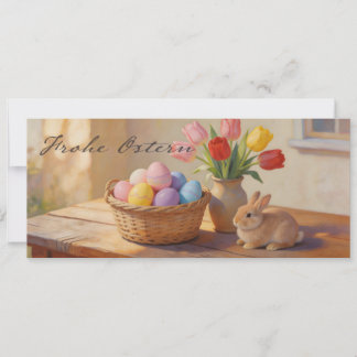 Frohe Ostern mit bunten Eiern und Tulpen