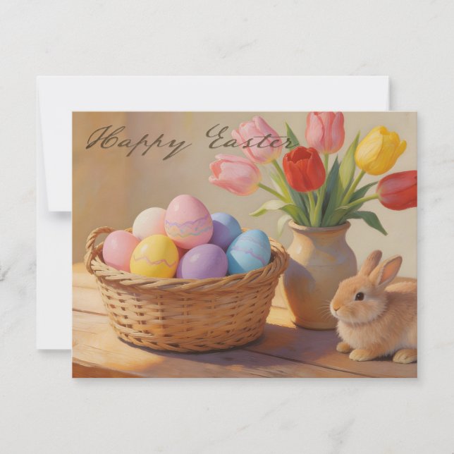 Frohe Ostern mit bunten Eiern und Tulpen (Vorderseite)
