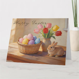 Frohe Ostern mit bunten Eiern und Tulpen Dankeskarte