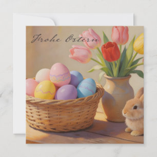 Frohe Ostern mit bunten Eiern und Tulpen Mitteilungskarte