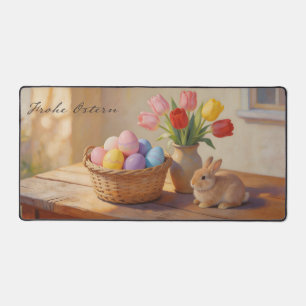 Frohe Ostern mit bunten Eiern und Tulpen Schreibtischunterlage