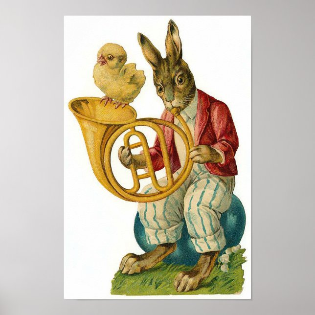 Frohe Ostern mit französischem Horn Vintag Poster (Vorne)