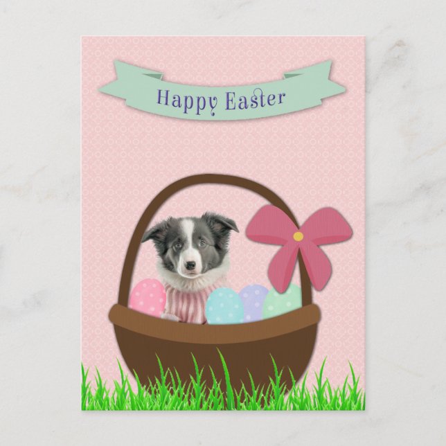 Frohe Ostern mit Hund im Osterkorb Postkarte (Vorderseite)