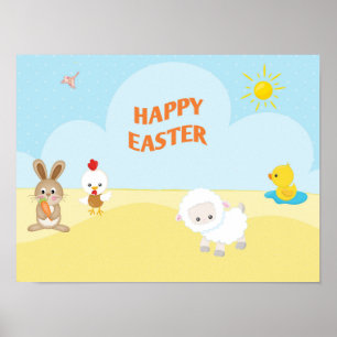 Frohe Ostern mit Niedlichen Landtieren Poster
