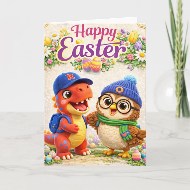 Frohe Ostern mit Rex und süßem Dinosaurier und Eul Karte (Vorderseite)
