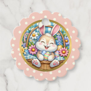 Frohe Ostern mit süßem Häschen, Eiern und floralen Geschenkanhänger