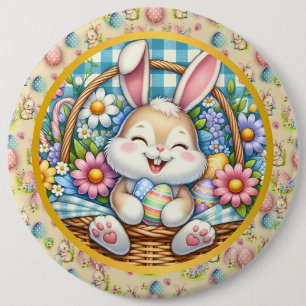 Frohe Ostern mit süßem Hasen, Eiern und Blumen Button