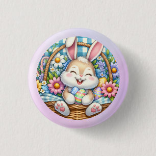 Frohe Ostern mit süßem Hasen, Eiern und Blumen Button