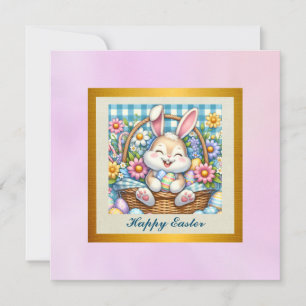 Frohe Ostern mit süßem Hasen, Eiern und Blumen Einladung