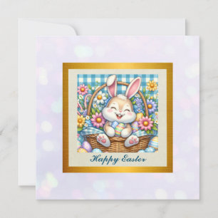 Frohe Ostern mit süßem Hasen, Eiern und Blumen Einladung