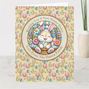 Frohe Ostern mit süßem Hasen, Eiern und Blumen Karte