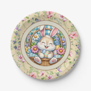 Frohe Ostern mit süßem Hasen, Eiern und Blumen Pappteller