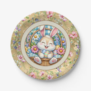 Frohe Ostern mit süßem Hasen, Eiern und Blumen Pappteller