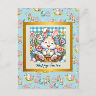 Frohe Ostern mit süßem Hasen, Eiern und Blumen Postkarte